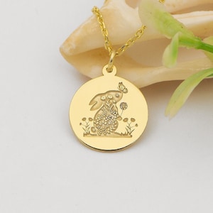 Personalized 14k Real Solid Gold Rabbit and Butterfly Necklace - Dainty Bunny Pendant - Tiny Rabbit Jewelry - Animal Necklace - Gift For Her