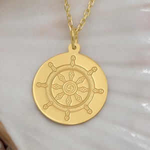 14K Solid Gold Dharma Wheel Necklace – Buddhist Symbol Jewelry | Handmade Dharmachakra Pendant | Spiritual Meditation Gift for Her or Him