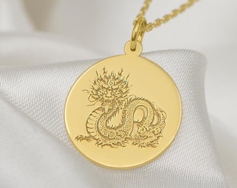 14K Solid Gold Dragon Pendant | Chinese Dragon Charm | Year of the Dragon Gift | Mens Dragon Jewelry | Lucky Fantasy Amulet - Gift For Her