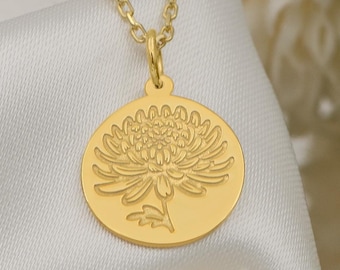 Collar de crisantemo en oro macizo de 14 quilates: colgante floral, joya simbólica de flores, diseño artesanal hecho a mano, regalo único para amantes de la naturaleza.