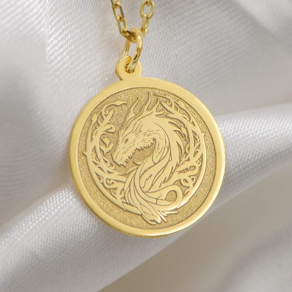 14K Solid Gold Dragon Necklace – Mystical Totem of Strength, Wisdom & Protection | Fantasy Gift for Him, Her | Custom Engraved Amulet
