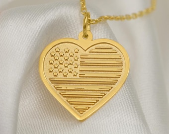 14K Gold Medal Charm, USA Necklace, Heart Shaped Pendant  display picture 1