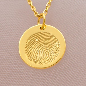 14K Solid Gold Fingerprint Necklace – Custom Handwriting Disc Pendant | Memorial Jewelry Gift for Her | Actual Fingerprint Necklace