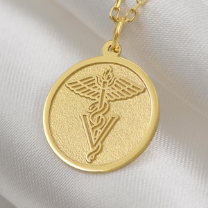 14K Solid Gold Veterinarian Symbol Pendant – Handmade Vet Necklace with Rod of Asclepius, Custom Animal Care Charm, Gift for Animal Lovers