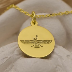 Colar Faravahar de ouro maciço 14K - amuleto do zoroastro persa, joias espirituais antigas, amuleto de símbolo místico, joias culturais