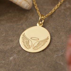 14K Solid Gold Angel Wings Necklace - Guardian Angel Pendant, Memorial Spiritual Jewelry, Protection and Sympathy Gift, Bereavement Charm