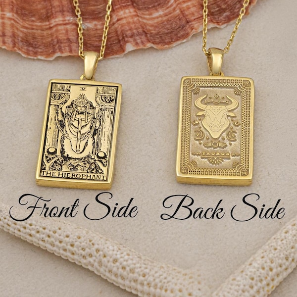 Double Sided Zodiac Tarot Necklace Taurus The Hierophant By Demir Uluer  - Dainty Horoscope Pendant - Astrology Jewelry - Mothers Day Gifts