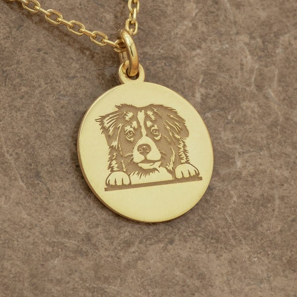 14k Yellow Gold Australian Shepherd Dog Necklace - Custom Pet Portrait Pendant - Dainty Pet Memorial Gifts - Gift for Her - By Demir Uluer