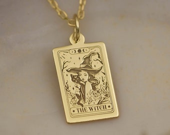 14K Solid Gold The Witch Necklace - Mystical Gothic Occult Jewelry for Wiccans, Witchcraft Enthusiasts, Those Embracing the Witching Hour