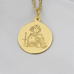 14K Solid Gold Saint Joan of Arc Necklace – Handmade Courage Symbol Pendant, Custom Religious Gift for Her or Him | Free Engraving Included