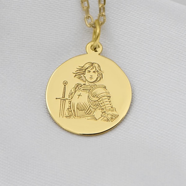 14K Solid Gold Saint Joan of Arc Necklace – Handmade Courage Symbol Pendant, Custom Religious Gift for Her or Him | Free Engraving Included