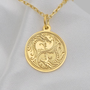 14K Solid Gold Yin Yang Dragon Necklace – Handmade Balance Symbol Pendant, Custom Mythical Jewelry for Him or Her | Free Engraving Included