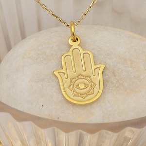 Real 14k Solid Gold Hand Of Fatima Necklace By Demir Uluer - Dainty Hamsa Hand Jewelry - Tiny Evil Eye Pendant - Protection Necklace