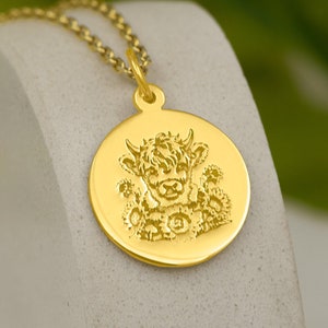 14K Solid Gold Highland Cow with Sunflowers Pendant - Nature-Inspired Jewelry | Gold Cow Charm Necklace | Unique Farm Animal Gift