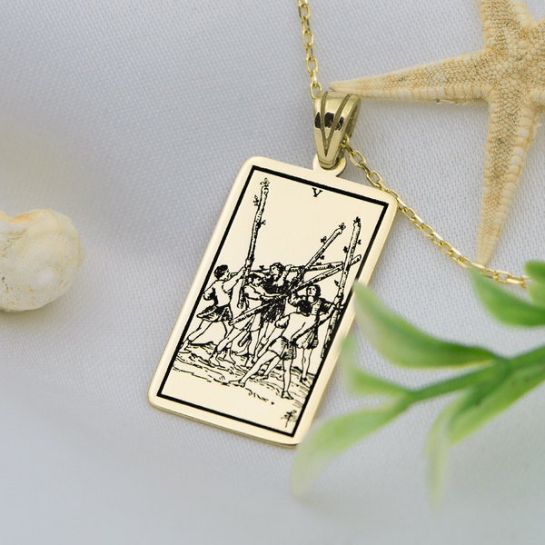 Dainty Tag Pendant • Five of Wands Tarot Card Necklace Gold Silver • Spiritual Jewelry • Tarot Gifts • Tarot  Jewelry • Mothers Day Gift