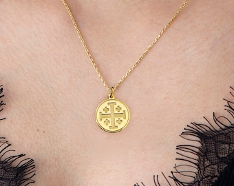 Real 14k Solid Gold Jerusalem Cross Necklace By Demir Uluer - Personalized Jerusalem Cross Pendant - Christian Necklace  Protection Necklace
