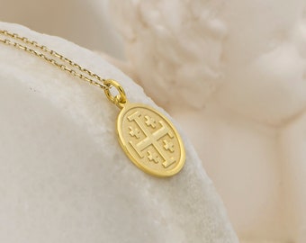 Jerusalem Cross Necklace Real 14k Solid Gold By Demir Uluer - Personalized Jerusalem Cross Pendant - Christian Necklace  Protection Necklace