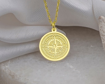 Real 14K Gold Engraved Compass Necklace, Compass Jewelry, Personalized Compass Pendant , Yellow Gold Dainty Charm , Custom Pendant, Dad gift