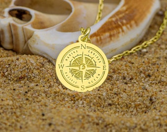 14K Solid Gold Compass Necklace, Personalized Yellow Gold Charm