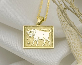 14k Solid Gold Taurus Necklace - Zodiac Coin Pendant, Birthday Gift