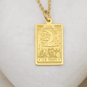 14K Solid Gold The Moon Tarot Card Necklace - Spiritual Tarot Jewelry | Astrology Gift for Her | Mystic Gold Pendant for Moon Lovers