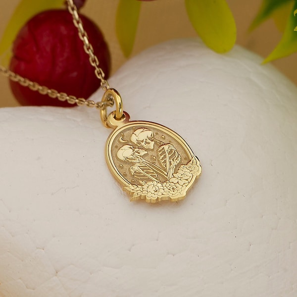 Real 14k Solid Gold Skull Lovers Necklace By Demir Uluer - Dainty Floral Skull Lovers Jewelry - Tiny Skull Lovers  Pendant - Gift For Her