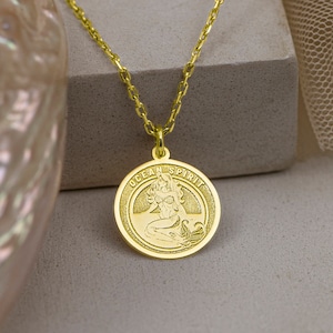 Real 14k Yellow Gold Dainty Mermaid Necklace - Tiny Mermaid Pendant - Ocean Coin Necklace - Sea Animal Necklace - By Uluer Jewelry