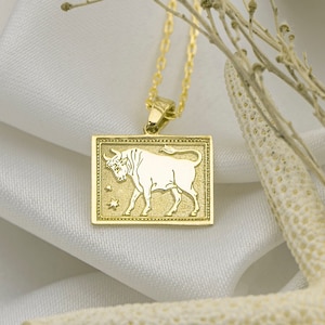 Collar de zodiaco de Tauro de oro sólido de 14k - Joyería de moneda de zodiaco personalizada - Colgante de zodiaco pequeño - Encanto de zodiaco de oro amarillo - Regalo de cumpleaños