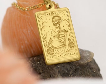 14K Solid Gold Cat Lover Skull Pendant - Gothic Feline Jewelry | Unique Cat and Skull Charm Necklace | Alternative Gift for Cat Lovers
