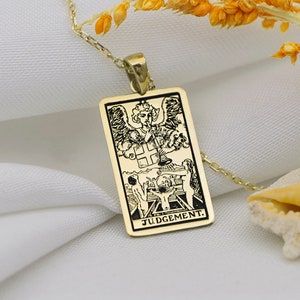 Tarot Schmuck Tarot Karte Halskette 14k Solid Gold The Judgement Mystical Charm zierliche Tag Halskette New Mom Geschenk Oma Geschenk By Uluer