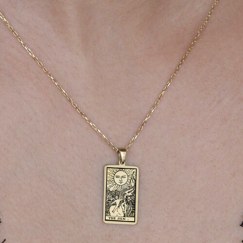 14K Real Solid Gold Sun Tarot Card Necklace the Sun Tarot Etsy