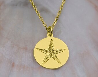 Colar Estrela-do-mar em Ouro Maciço 14k – Delicado Pingente Oceânico, Gravação Personalizada