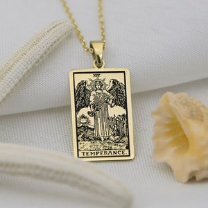14K Tarot-Karte Anhänger Massivgold Tarot-Schmuck Die Mäßigkeit Tarot-Karte Halskette - 10K Rechteck Halskette - Geschenk für Mama - Geschenk für Sie