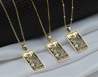14k Solid Gold Empress Tarot Card Necklace, Mystical Jewelry