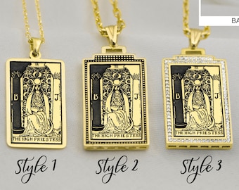 Tarot Card Pendant Necklace , Valentines Day The High Priestess Tarot Necklace Gold Silver Tarot Jewelry Gift for Her Him By Demir Uluer