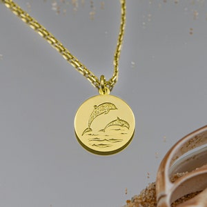 14k Solid Gold Engraved Dolphin Necklace - Animal lover Gift - Rose gold Dolphin Pendant - Dolphin Coin Necklace - Dainty Dolphin Jewelry