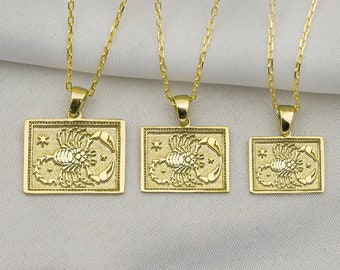 14k Real Gold Scorpio Zodiac Signs Necklace Dainty Astrology Jewelry  Rose Gold Zodiac Coin Pendant -Birthday Gift Christmas Gifts