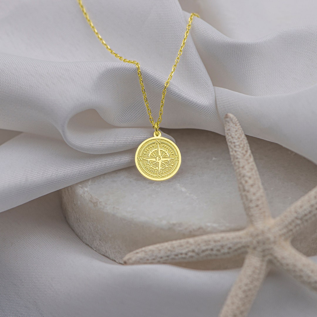Real 14K Gold Engraved Compass Necklace, Compass Jewelry, Personalized