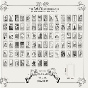 May include: A display of 78 tarot card necklace designs, each with a unique black and white illustration. The text "THE TAROT CARD NECKLACE FEATURING 78 NECKLACE" is at the top. The dimensions of the pendant are 31.5 mm x 17.5 mm. The brand name is "KORHAN ULUER JEWELRY".