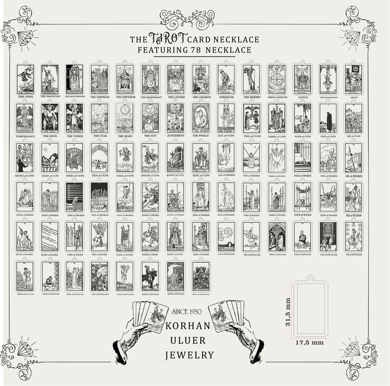 May include: A display of 78 tarot card necklace designs, each with a unique black and white illustration. The text "THE TAROT CARD NECKLACE FEATURING 78 NECKLACE" is at the top. The dimensions of the pendant are 31.5 mm x 17.5 mm. The brand name is "KORHAN ULUER JEWELRY".
