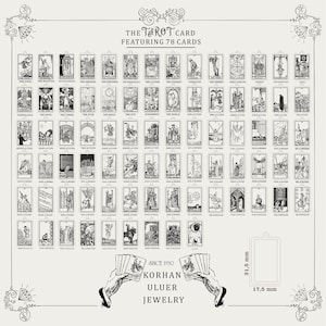 Puede incluir: Una ilustraci&oacute;n en blanco y negro de las 78 cartas de la baraja del Tarot. Las cartas est&aacute;n dispuestas en filas y columnas, y cada carta presenta una imagen &uacute;nica. El texto "THE TAROT CARD FEATURING 78 CARDS" est&aacute; en la parte superior de la imagen. El texto "SINCE 1930 KORHAN ULUER JEWELRY" est&aacute; en la parte inferior de la imagen. Un peque&ntilde;o contorno rectangular se encuentra en la esquina inferior derecha de la imagen con el texto "31,5 mm" y "17,5 mm" a la izquierda del contorno.