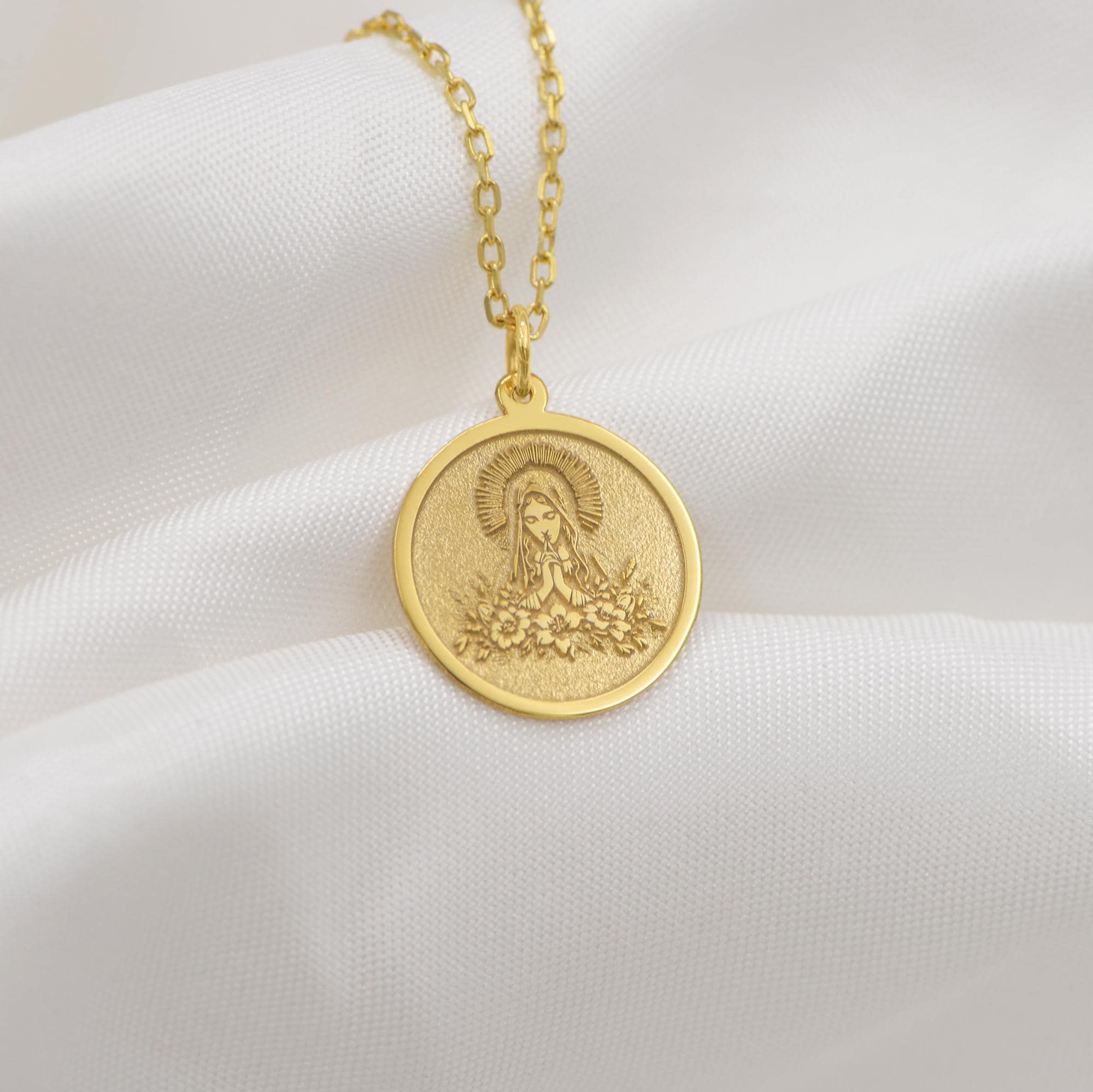 14K Solid Gold Virgin Mary Necklace – Catholic Religious Medal Pendant ...