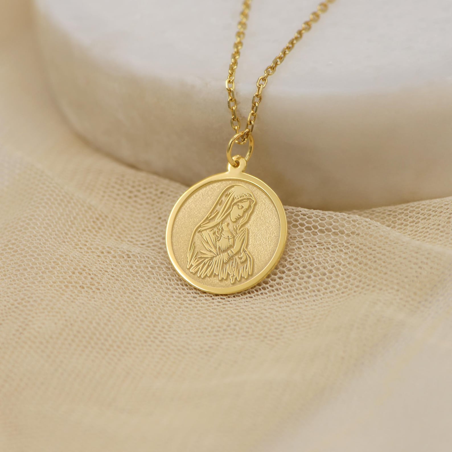 14K Solid Gold Virgin Mary Necklace – Handmade Catholic Pendant ...