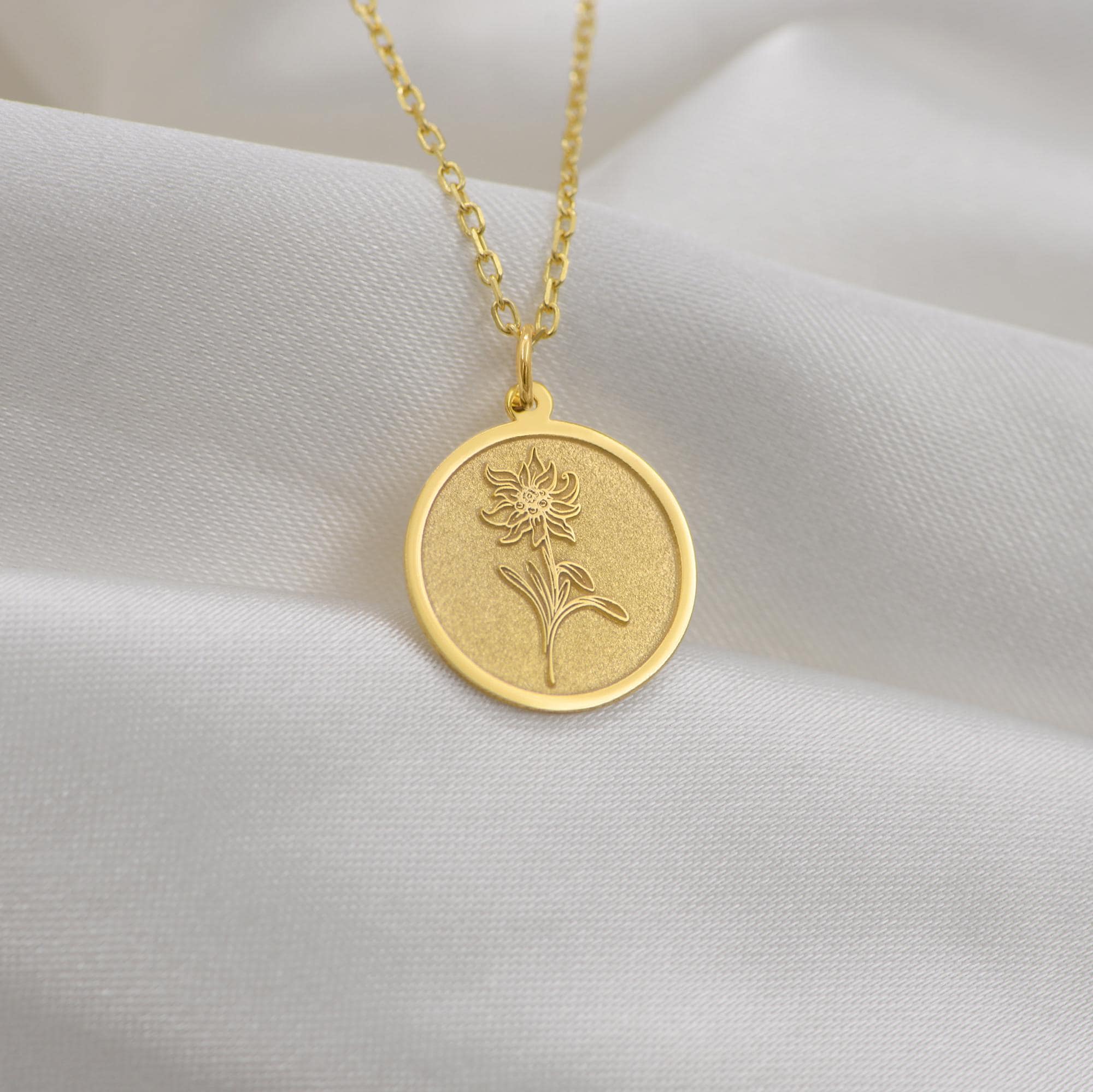 14K Solid Gold Edelweiss Flower Necklace – Handmade Alpine Floral Pendant, Custom Symbol of Devotion, Gift of Love & Courage for Her