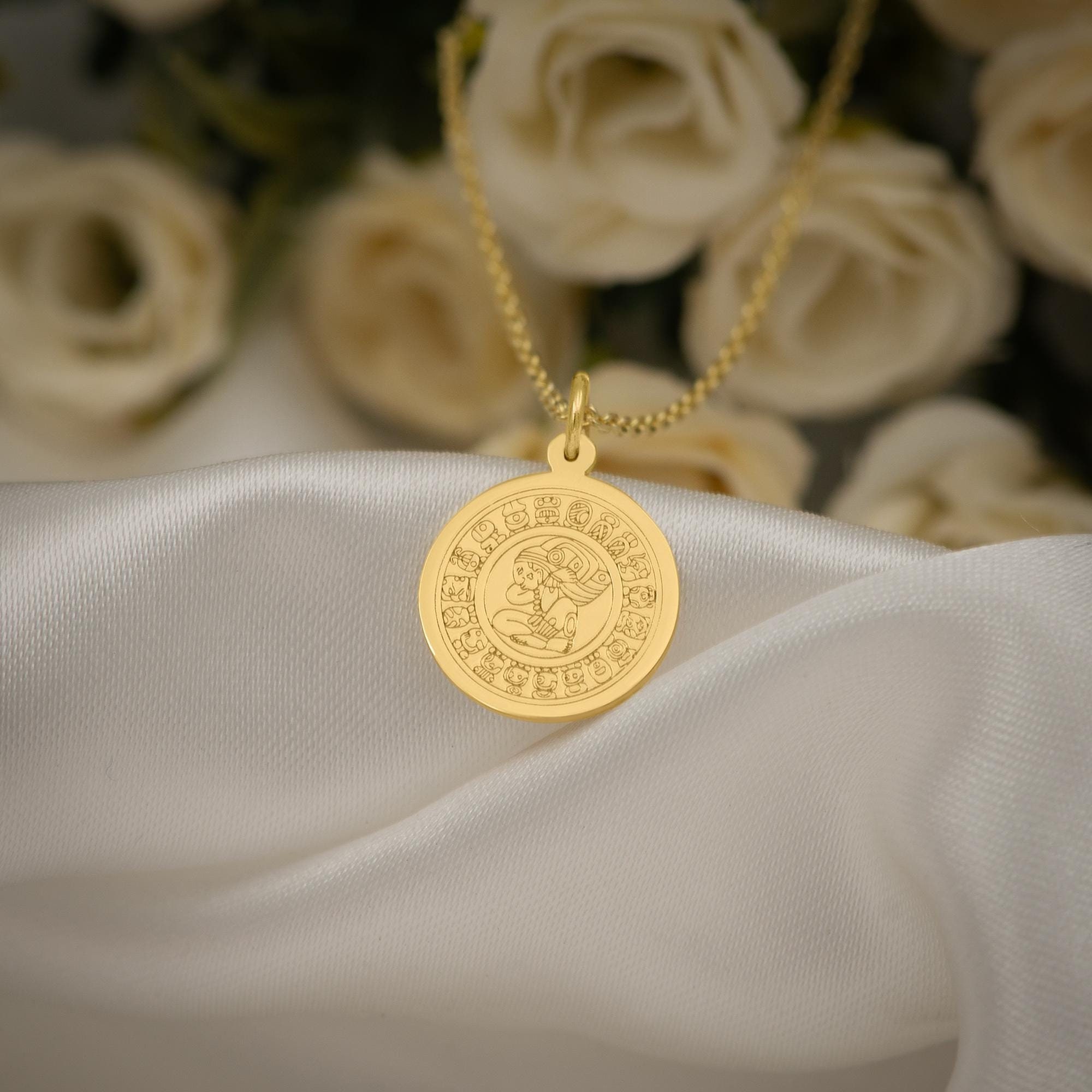 14K Solid Gold Mayan Calendar Necklace - Ancient Symbol Pendant, Cultural Jewelry, Unique Gift, Aztec Charm for History Lovers, Gift For Her