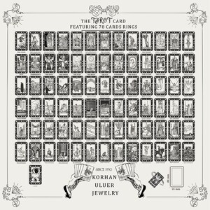 May include: A set of 78 tarot card rings featuring black and white illustrations of each card. The rings are displayed in a grid pattern with the name of each card printed below the image. The text "The Tarot Card Featuring 78 Cards Rings" is at the top of the image. The text "Since 1930 Korhan Uluer Jewelry" is at the bottom of the image.
