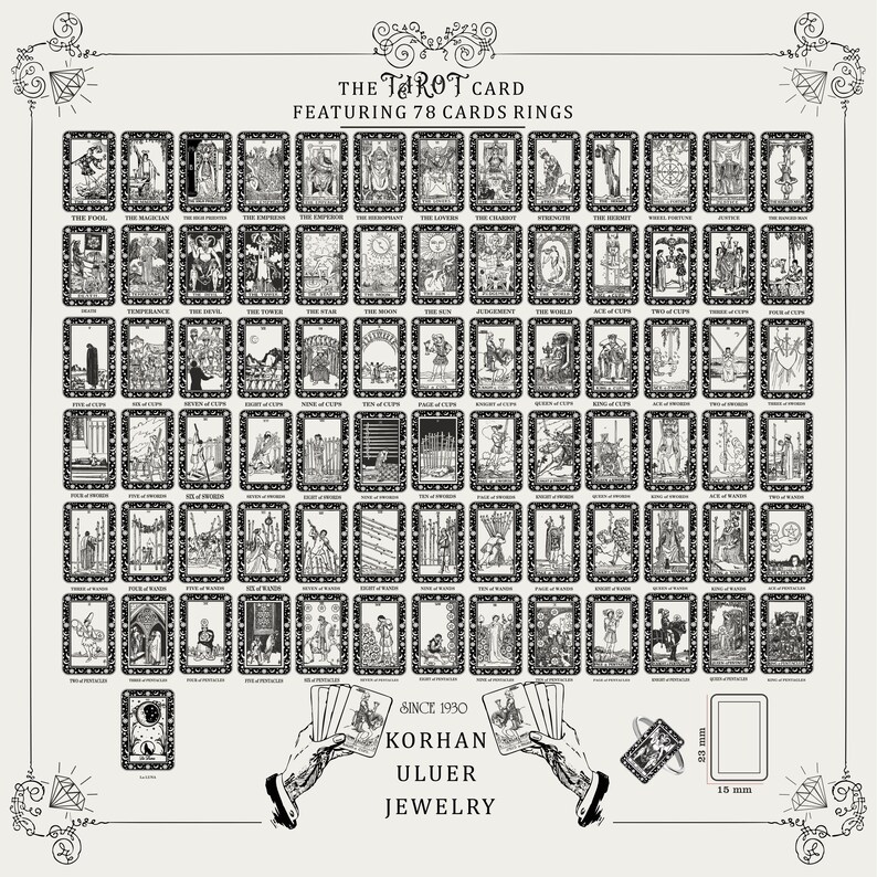 May include: A set of 78 tarot card rings featuring black and white illustrations of each card. The rings are displayed in a grid pattern with the name of each card printed below the image. The text "The Tarot Card Featuring 78 Cards Rings" is at the top of the image. The text "Since 1930 Korhan Uluer Jewelry" is at the bottom of the image.