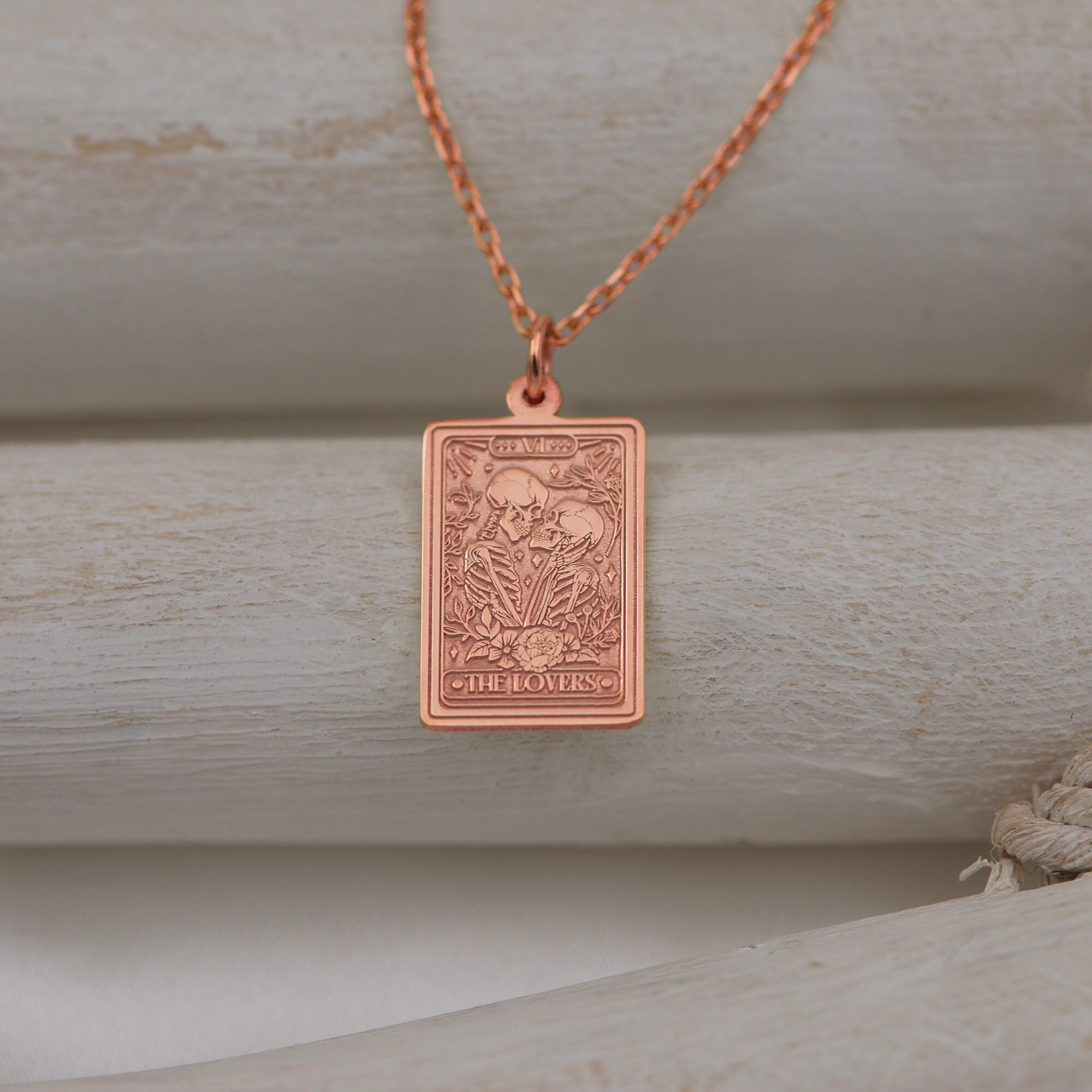 14K Solid Gold the Lovers Tarot Card Necklace - Mystic Tarot