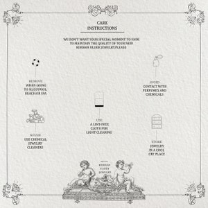 May include: A black and white illustration of care instructions for jewelry. The instructions include removing jewelry when going to the pool or spa, avoiding contact with perfumes and chemicals, using a lint-free cloth for light cleaning, and storing jewelry in a cool, dry place. The illustration also includes a logo for Korhan Uluer Jewelry.
