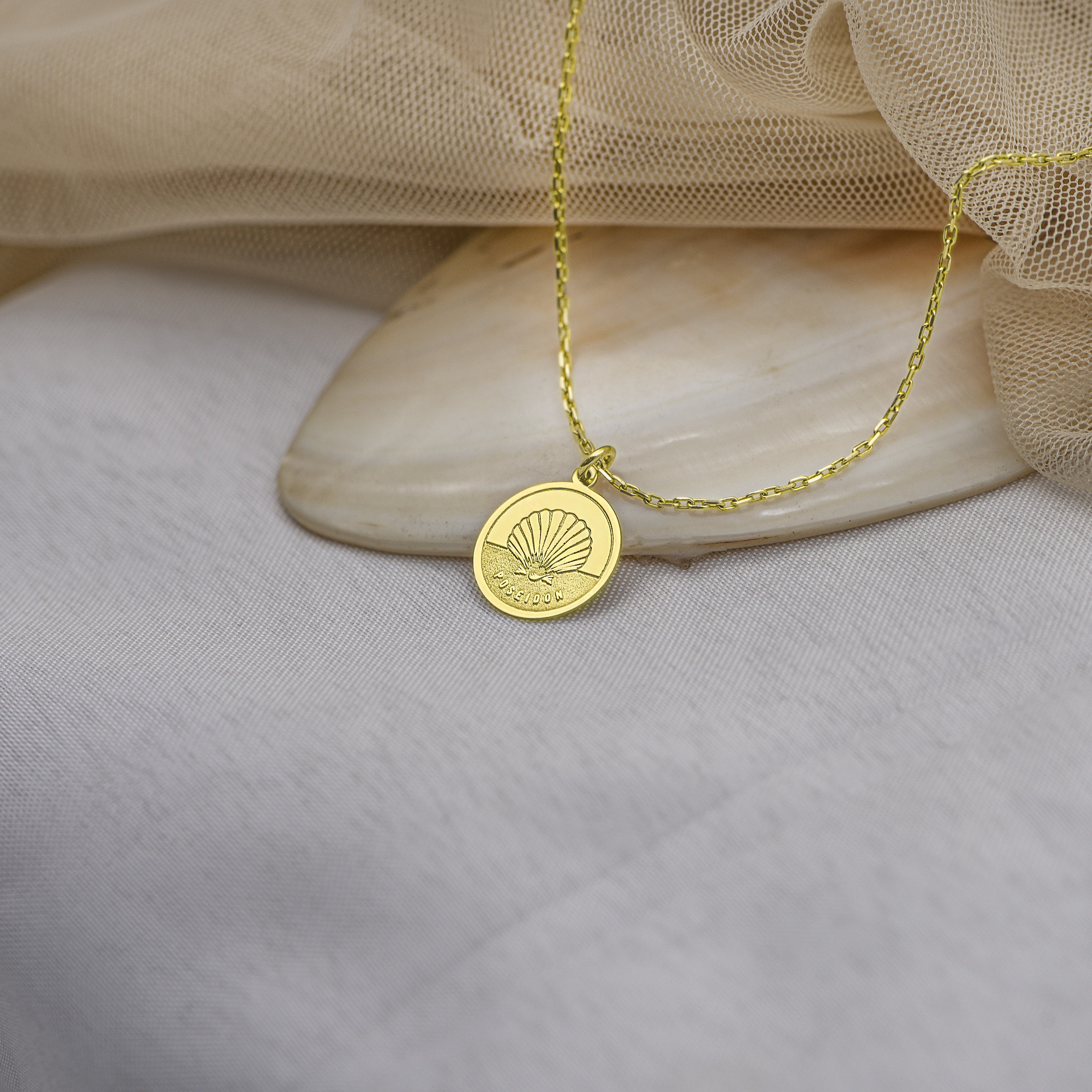 Posiden Shell 14k Solid Gold Poseidon Seashell Necklace - Personalized Coin Pendant ...